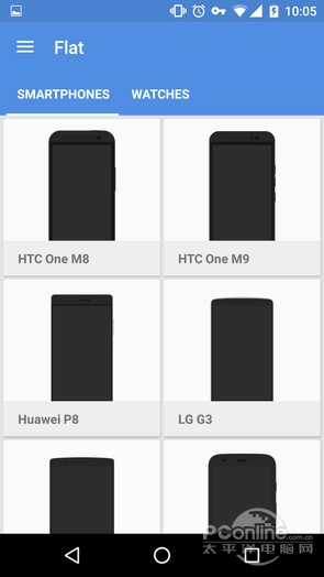 Flat 分类下的手机边框网格：HTC One M8、Huawei P8、LG G3 等